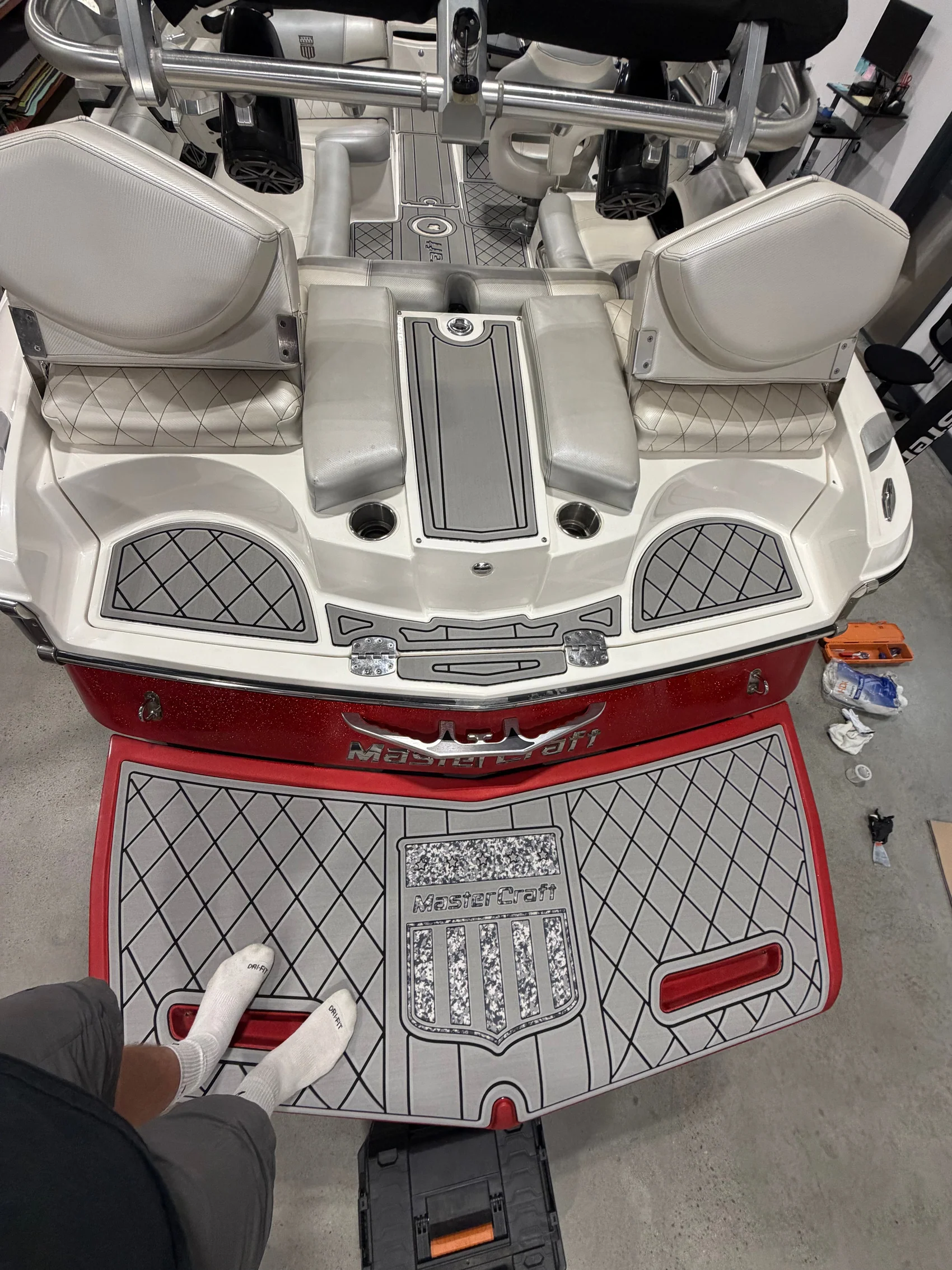 Custom-cut GatorStep EVA foam boat flooring installed on a boat deck in East Tennessee