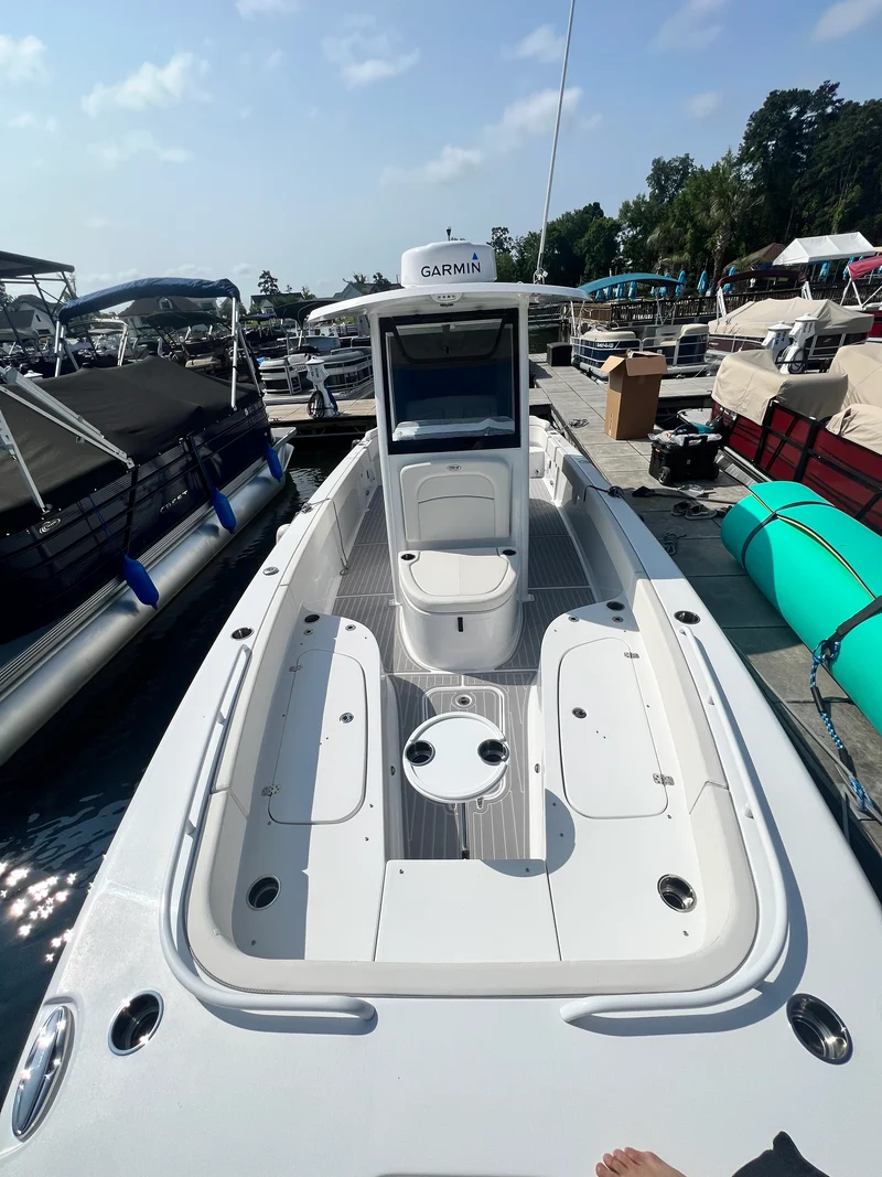 Gray GatorStep bow pads on an offshore center console boat