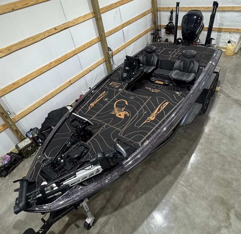 Black bass boat deck with custom tan fish design in GatorStep EVA foam