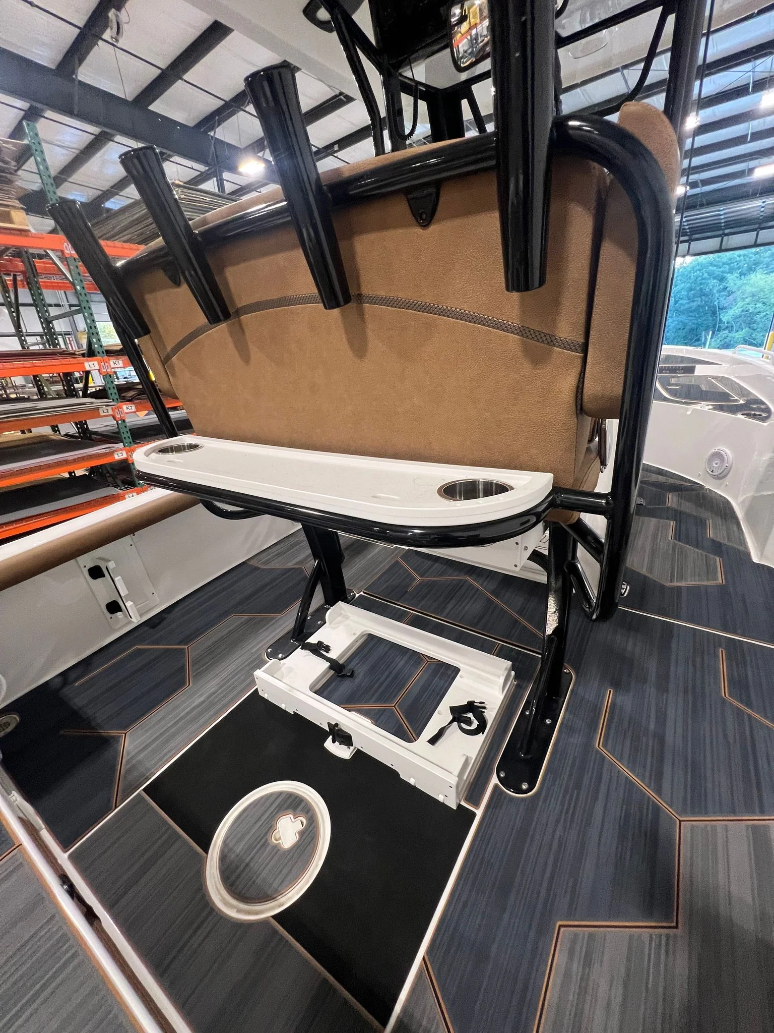 GatorStep flooring under a center console leaning post, gray hex pattern — Lakebound Marine, Lenoir City TN