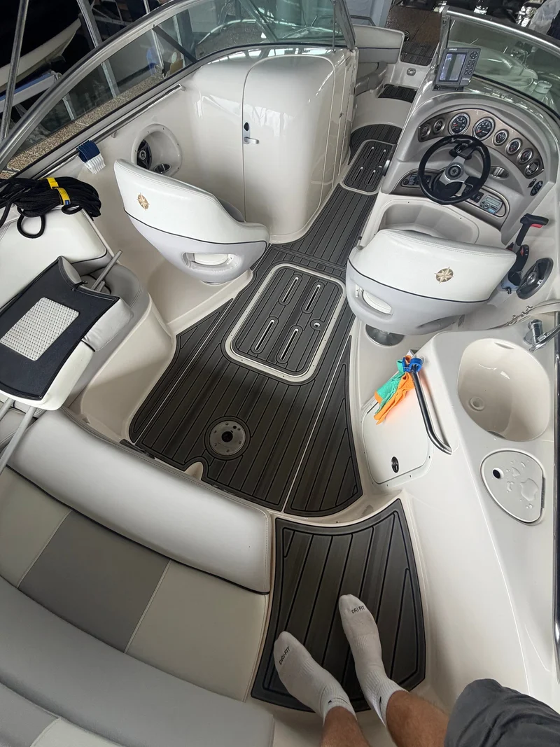 After: custom-fit GatorStep flooring installed in a cruiser cockpit — Lakebound Marine, Lenoir City TN