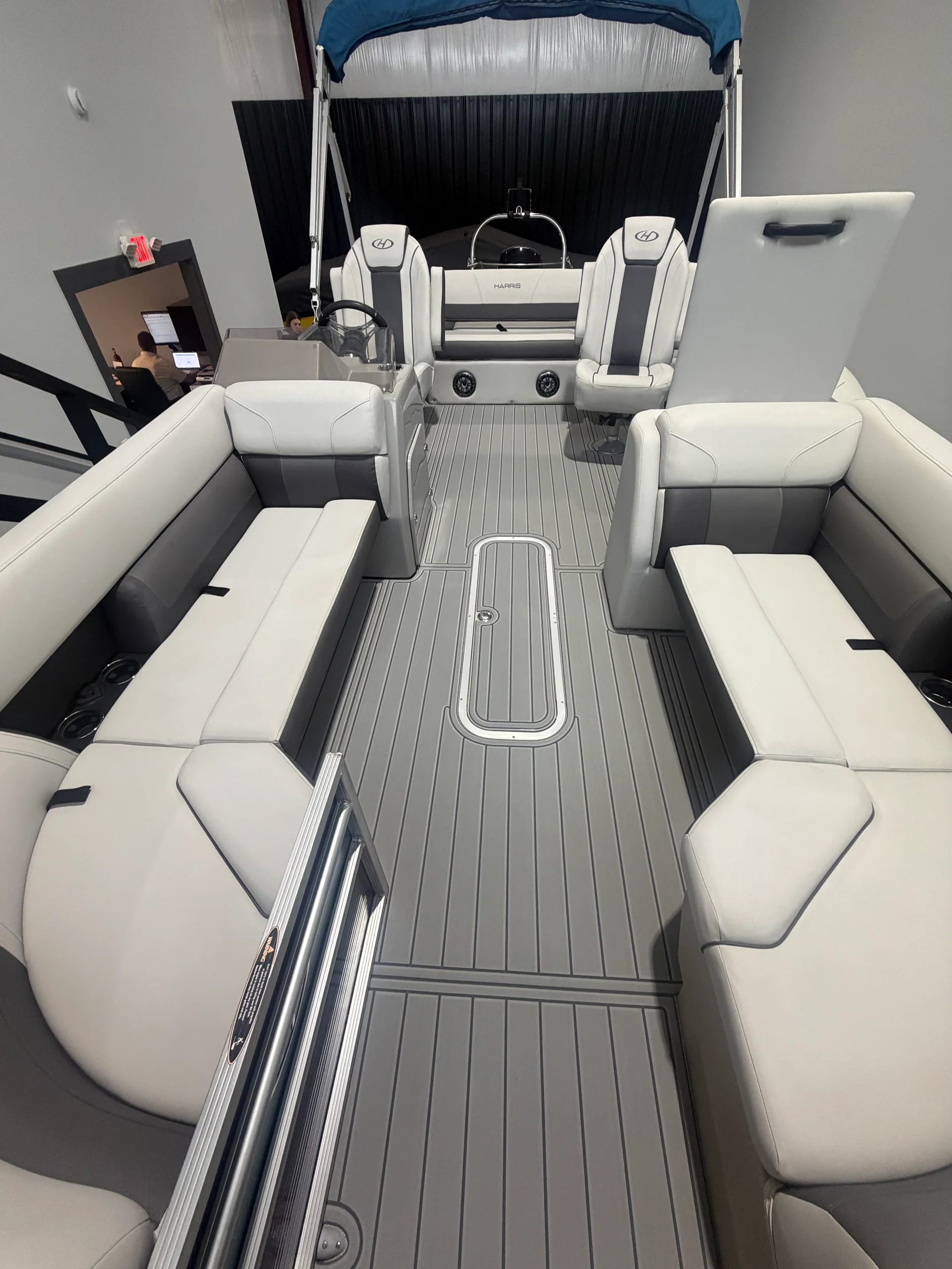 Custom GatorStep flooring on a pontoon boat deck — Lakebound Marine, Knoxville TN