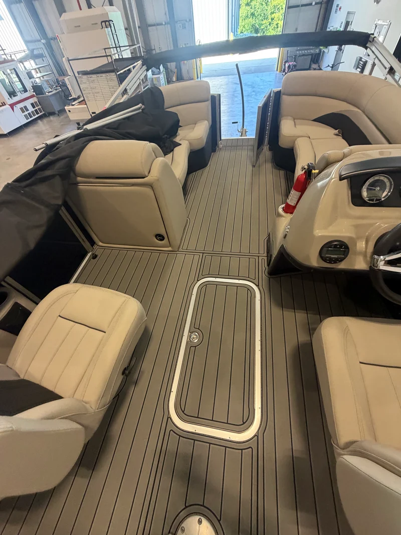 Custom GatorStep decking on a pontoon boat — Lakebound Marine, East Tennessee