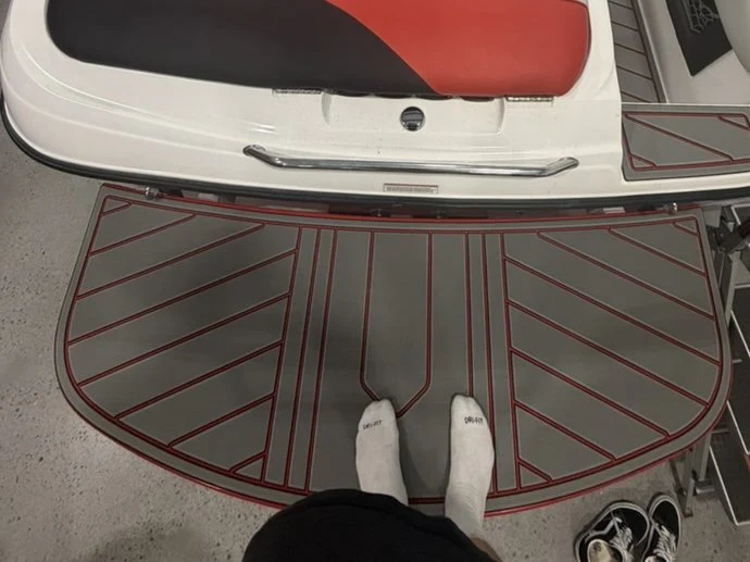 Gray and red GatorStep swim platform decking on a red and white bowrider — Lakebound Marine, Lenoir City TN