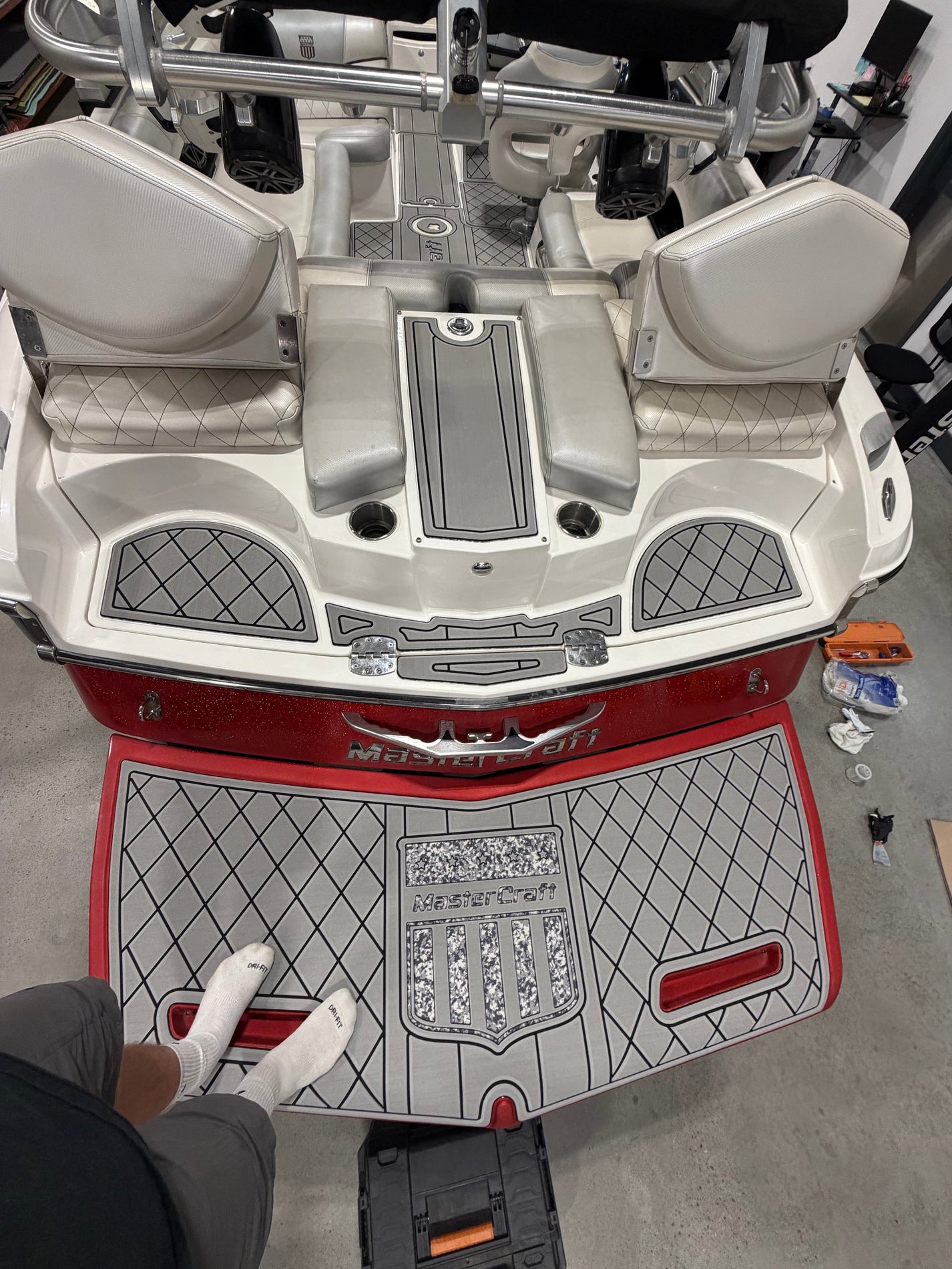 Custom-cut GatorStep EVA foam boat flooring installed on a boat deck in East Tennessee