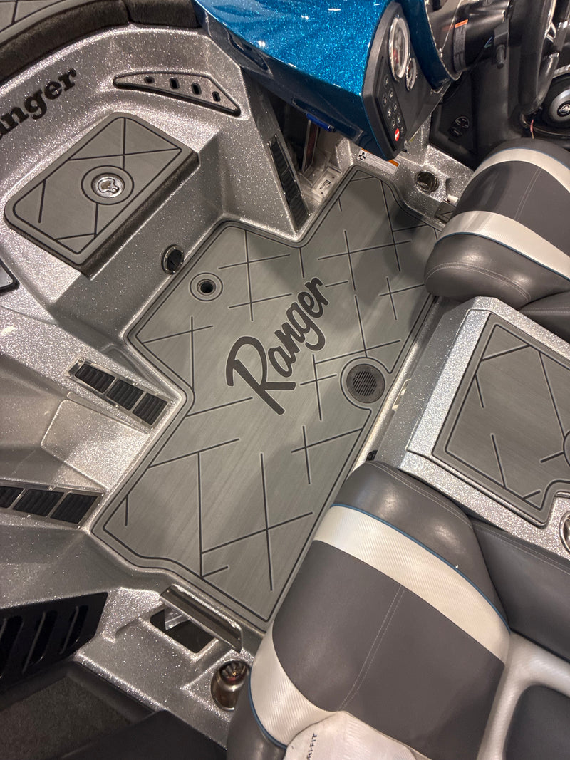 Gray GatorStep front deck with Ranger logo inlay on a bass boat
