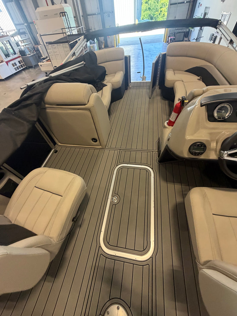 Custom GatorStep decking on a pontoon boat — Lakebound Marine, East Tennessee