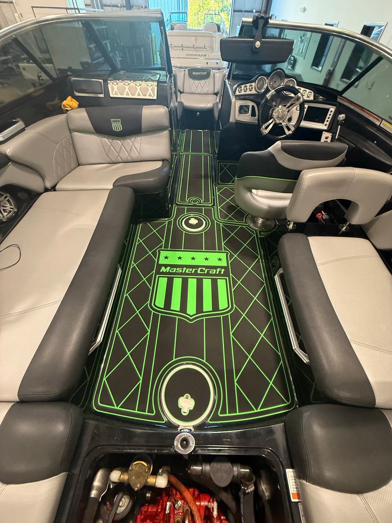 Black and green custom GatorStep bow pad with MasterCraft logo on a wakeboat — Lakebound Marine, Knoxville TN