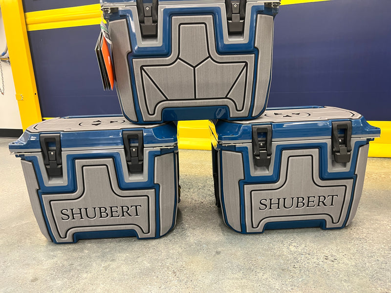 Custom GatorStep cooler pads with Shubert lettering on two coolers