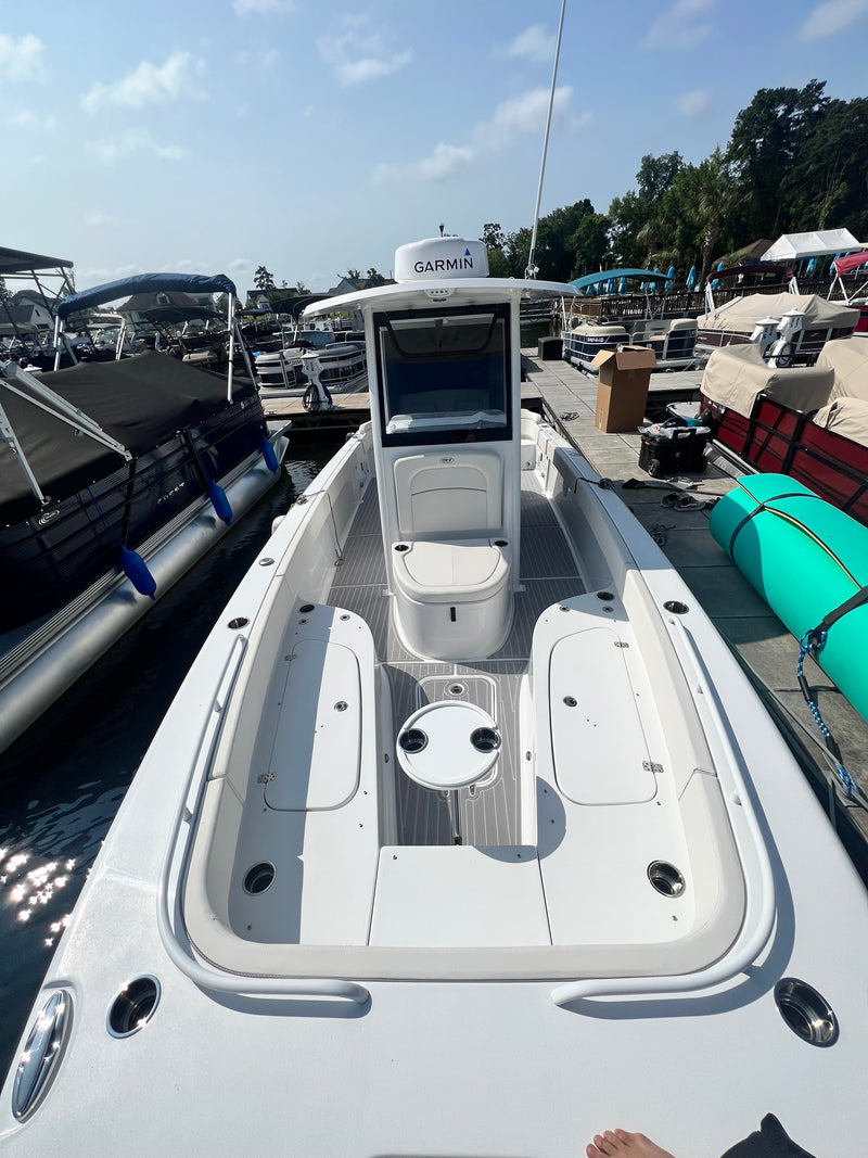 Gray GatorStep bow pads on an offshore center console boat