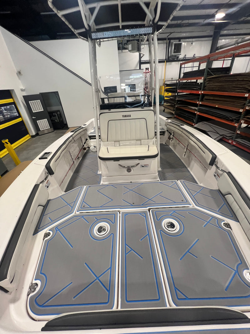 Gray and blue GatorStep front deck on a bass boat