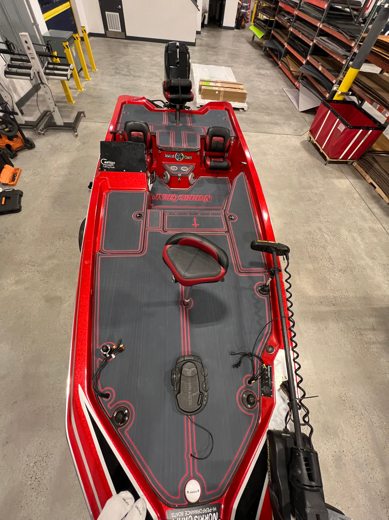 Red and black custom GatorStep deck on a bass boat