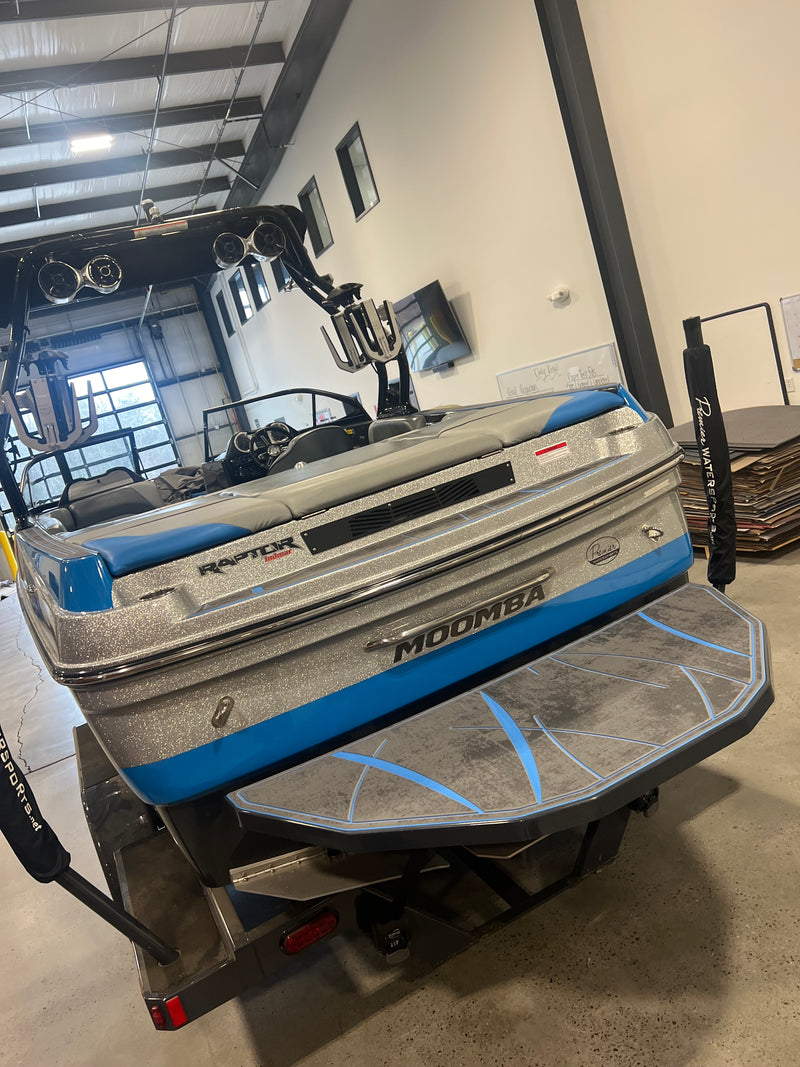 Ski boat masked off for GatorStep templating in the shop