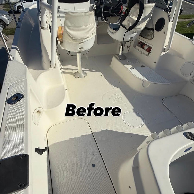 Boat deck with worn flooring before custom GatorStep install