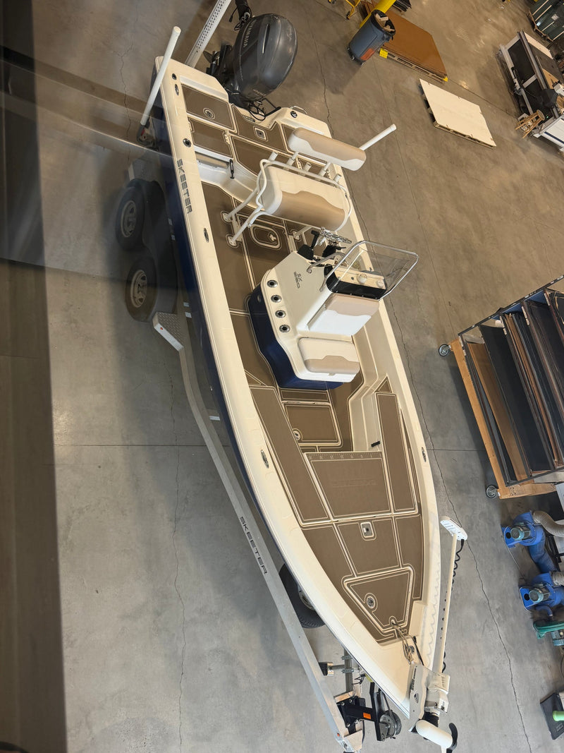 After: custom-fit GatorStep flooring installed on a center console fishing boat deck — Lakebound Marine, Lenoir City TN