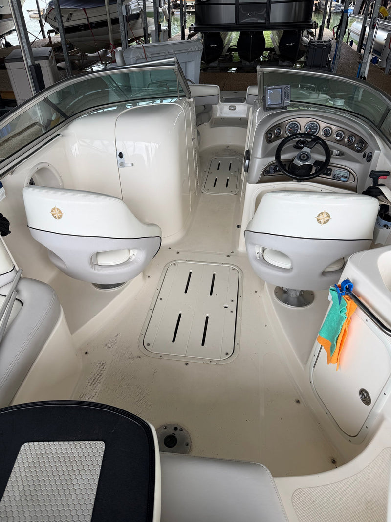 Before: bare fiberglass cockpit floor on a cruiser, ahead of a custom GatorStep flooring install — Lakebound Marine, Lenoir City TN