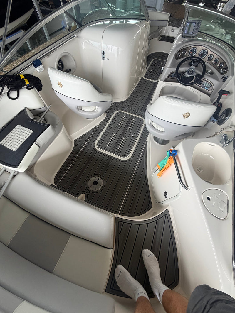 After: custom-fit GatorStep flooring installed in a cruiser cockpit — Lakebound Marine, Lenoir City TN
